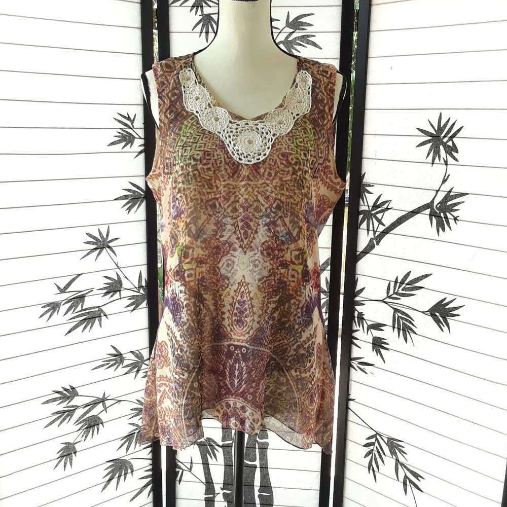 Style & Co Crochet Neck Colorful Boho Chiffon Sleeveless Blouse Size M